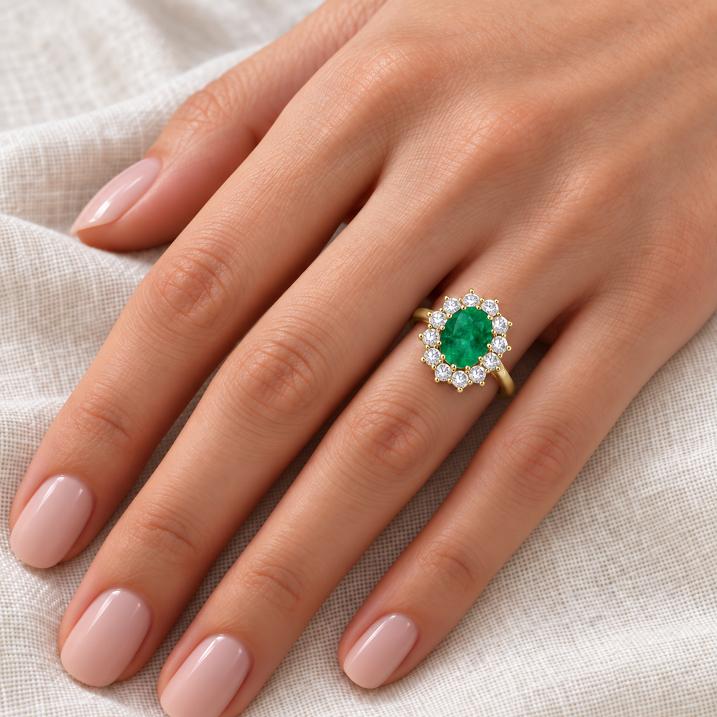 Oval lab-grown emerald and 12 lab-grown diamond halo ring in 14k yellow gold on left hand over ivory linen