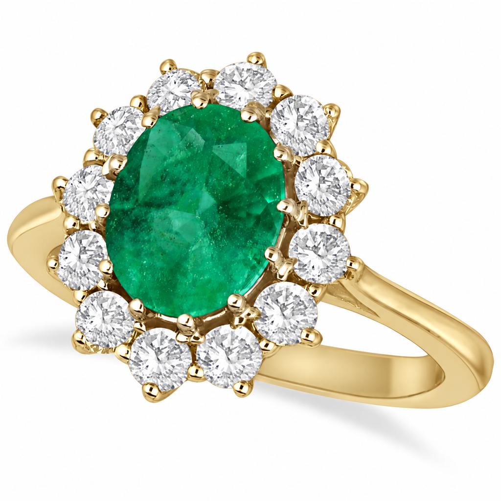 Oval lab-grown emerald and 12 lab-grown diamond halo ring in 14k yellow gold on neutral white