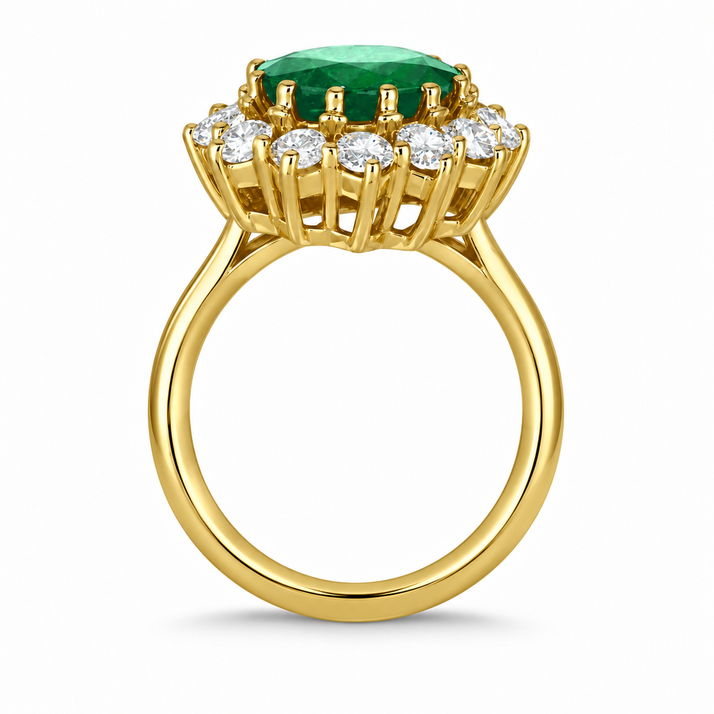 True side profile of oval lab-grown emerald and 12 lab-grown diamond halo ring in 14k yellow gold with circular shank