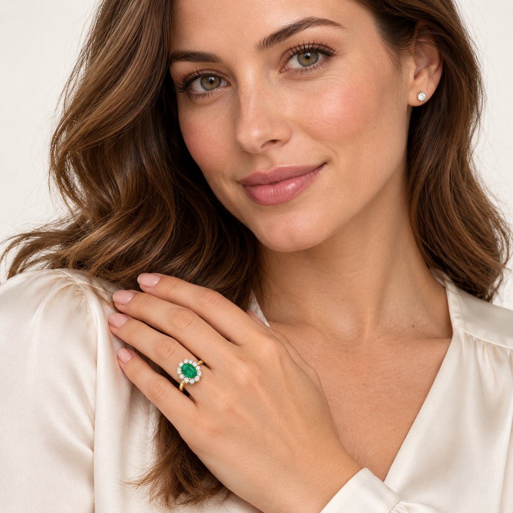 Model wearing oval lab-grown emerald and 12 lab-grown diamond halo ring in 14k yellow gold on left ring finger