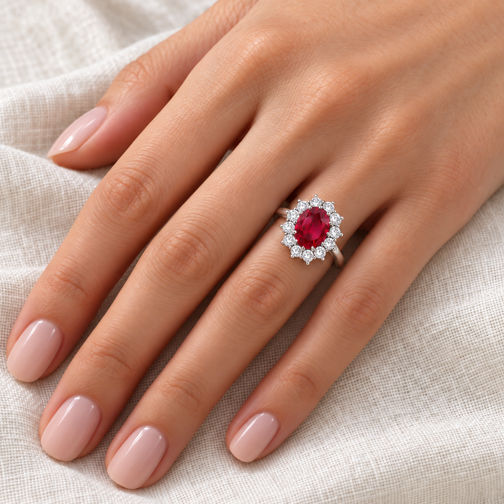 Oval lab-grown ruby and 12 lab-grown diamond halo ring in 14k white gold on left hand over ivory linen