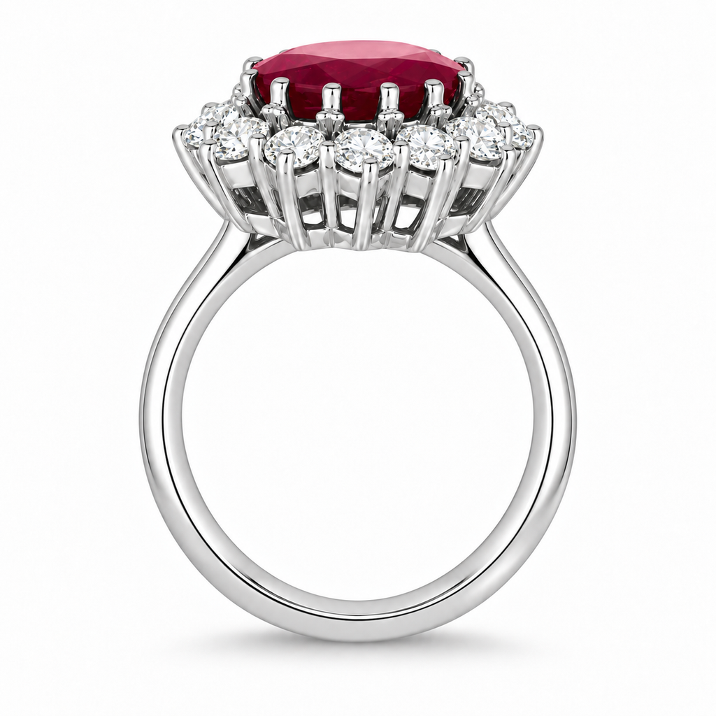 True side profile of oval lab-grown ruby and 12 lab-grown diamond halo ring in 14k white gold with circular shank