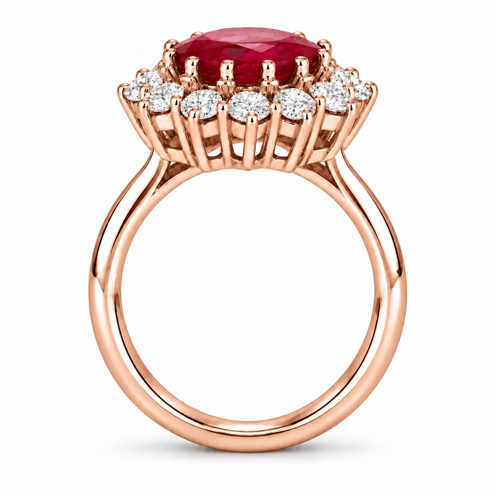 True side profile of oval lab-grown ruby and 12 lab-grown diamond halo ring in 14k rose gold with circular shank