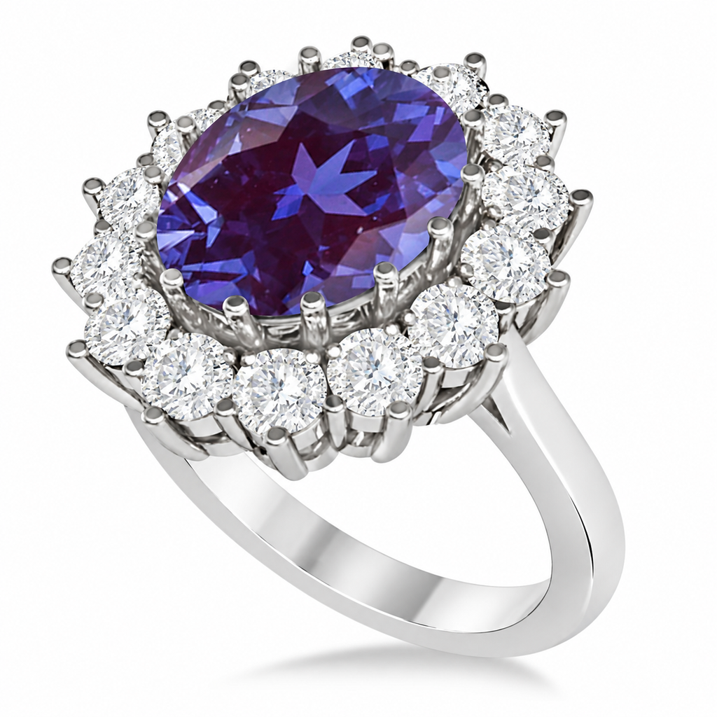 Oval lab alexandrite and fourteen-diamond halo ring in 14k white gold, main view