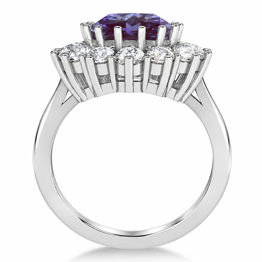 Oval lab alexandrite and fourteen-diamond halo ring in 14k white gold, straight side view with circular shank and smooth inner band