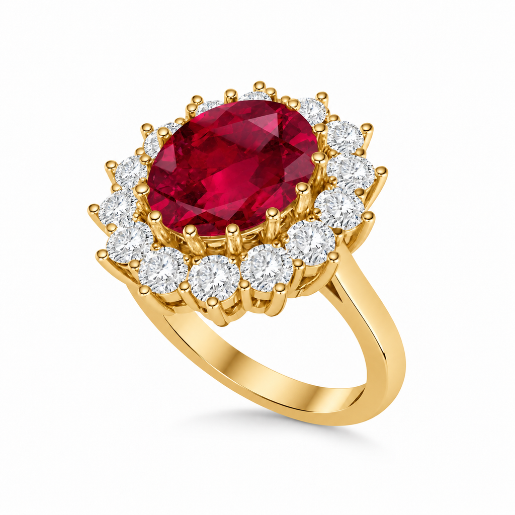 Lab-grown 11x9mm oval ruby and fourteen lab-grown diamond halo ring in 14k yellow gold, 5.40ctw — square original angled main view