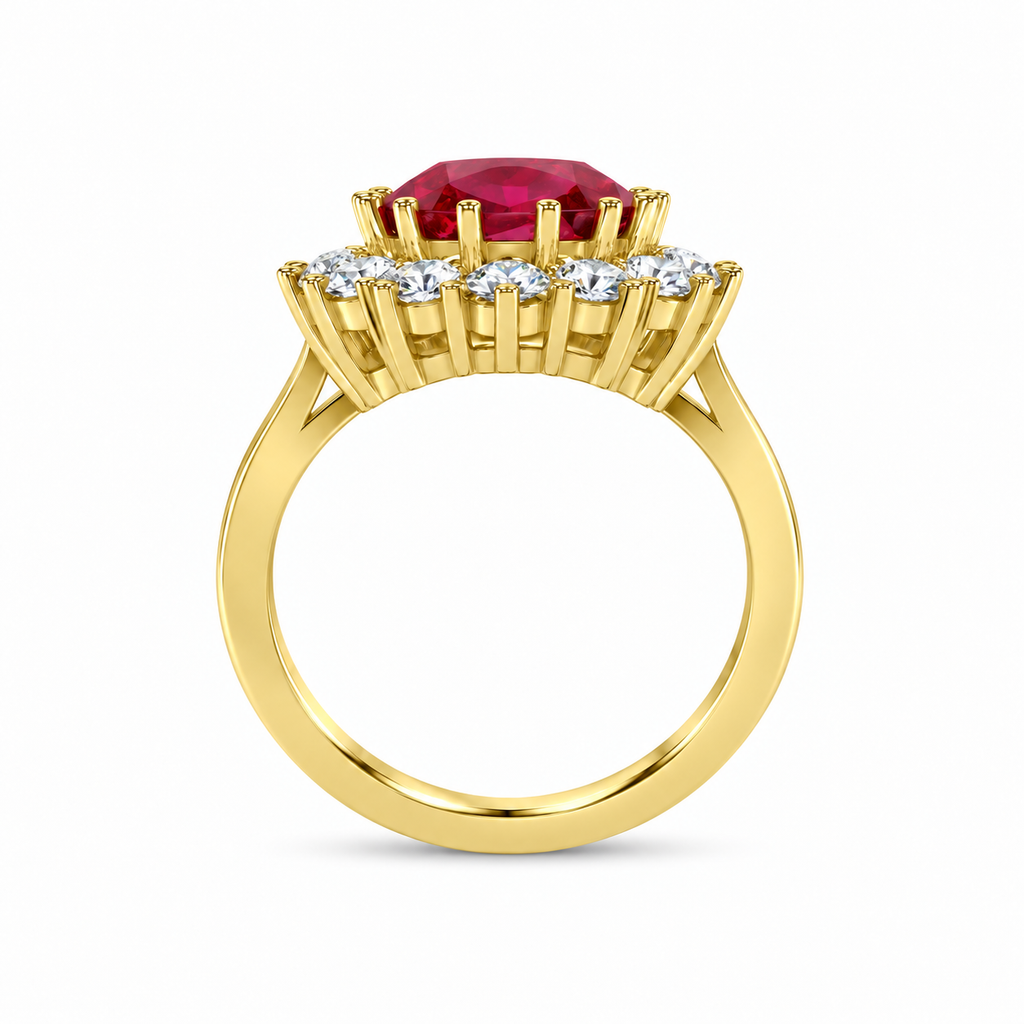 Lab-grown 11x9mm oval ruby and fourteen lab-grown diamond halo ring in 14k yellow gold, 5.40ctw — square original true side profile