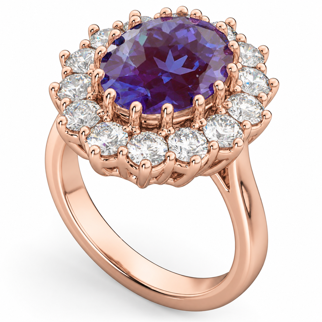 Oval 12x10mm lab-grown alexandrite and fourteen white diamond halo Lady Di ring in 14k rose gold, oblique product angle showing the original single shank and basket