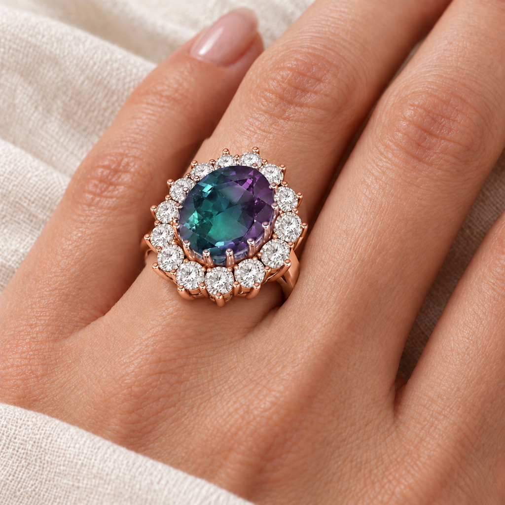 Oval lab grown alexandrite and fourteen diamond halo Lady Di ring in 14k rose gold on left ring finger, ivory linen close-up
