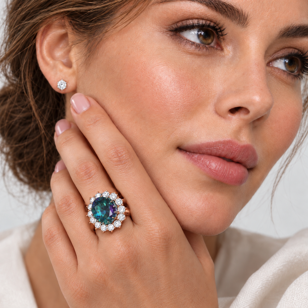 Model wearing oval lab grown alexandrite and fourteen diamond halo Lady Di ring in 14k rose gold on left ring finger