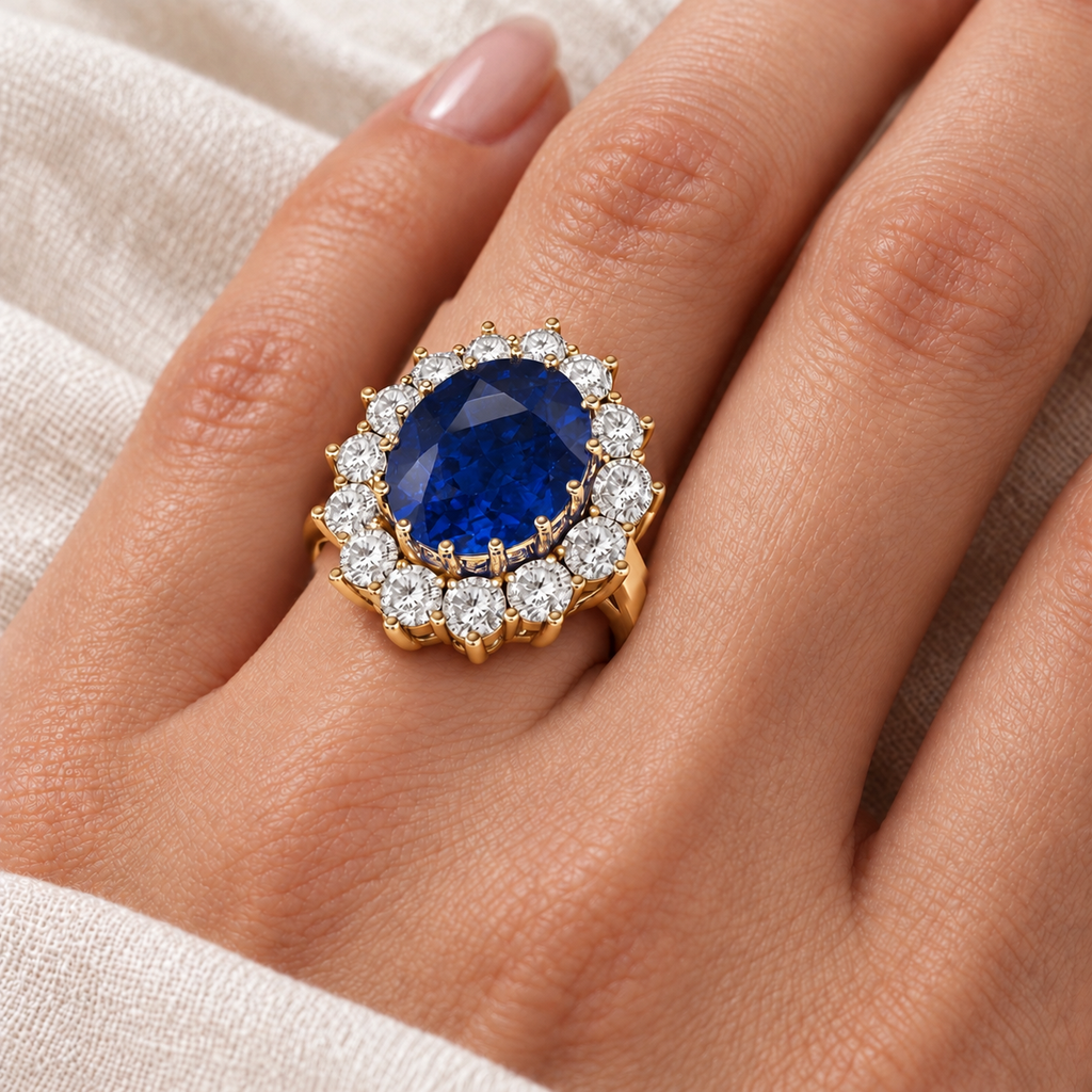 Lab-grown oval blue sapphire with fourteen white halo diamonds in 14k yellow gold, ivory linen left ring finger closeup