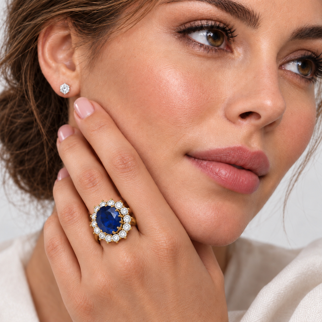 Lab-grown oval blue sapphire with fourteen white halo diamonds in 14k yellow gold, brunette studio portrait with ring on left ring finger