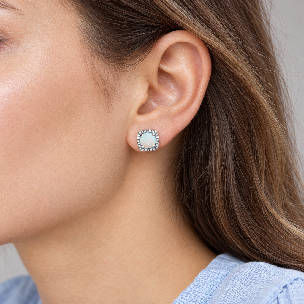 AZ23414 sterling silver gemstone and diamond stud earrings - close-up model, illustrative 8.1 mm scale