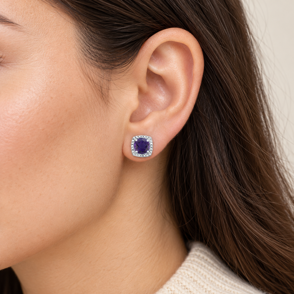 AZ23420 sterling silver gemstone and diamond stud earrings - close-up model, illustrative 8.1 mm scale