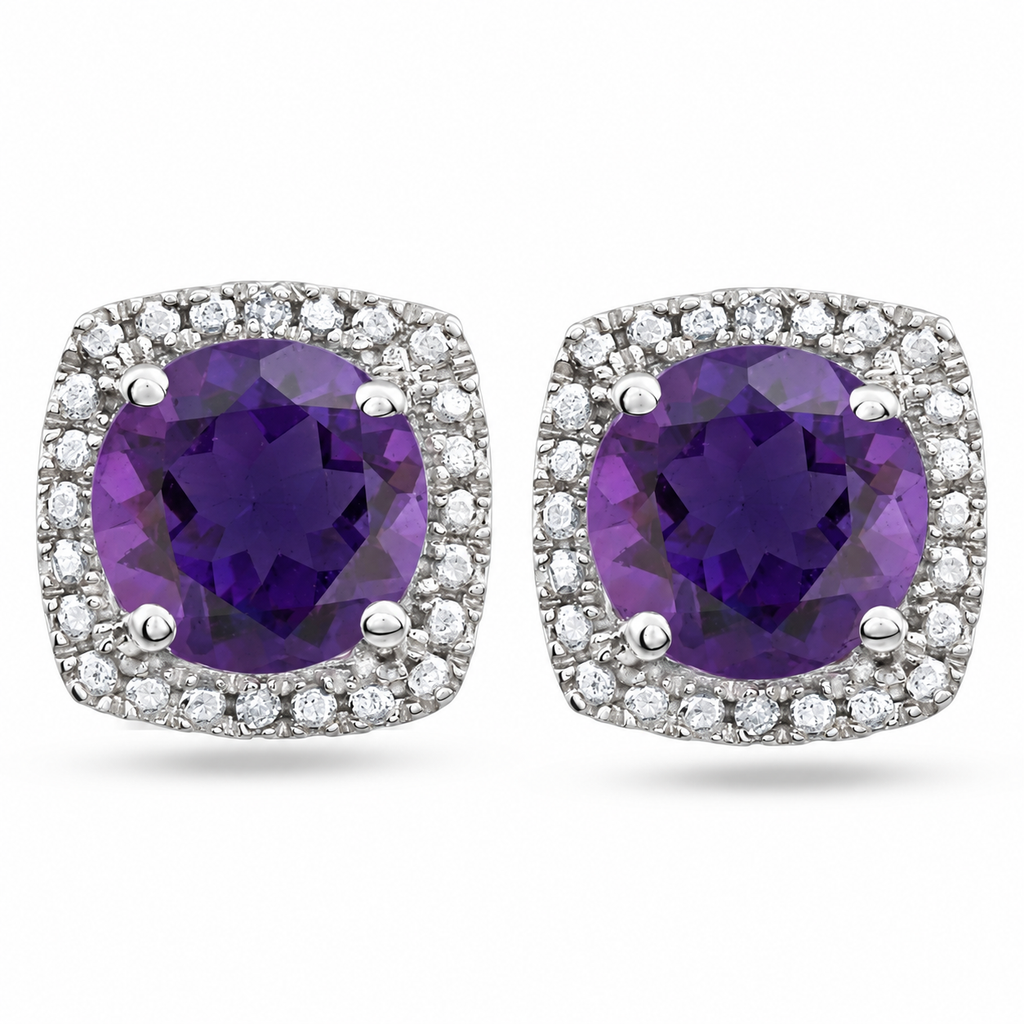 AZ23420 — front-facing pair of gemstone and diamond sterling silver stud earrings, enhanced clarity.