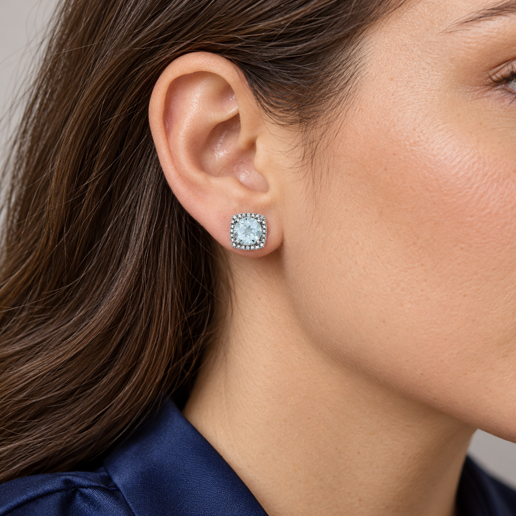 AZ23423 sterling silver gemstone and diamond stud earrings - close-up model, illustrative 8.1 mm scale