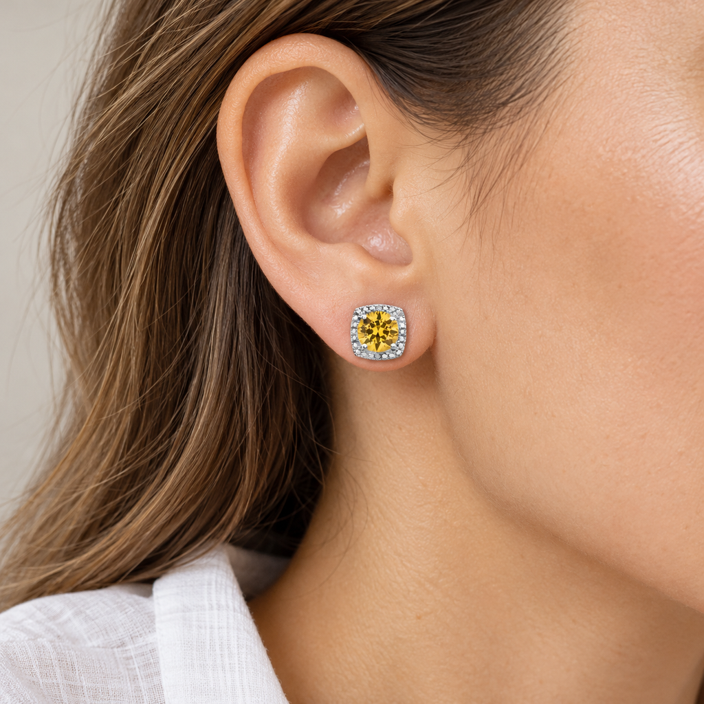 AZ23426 sterling silver gemstone and diamond stud earrings - close-up model, illustrative 8.1 mm scale