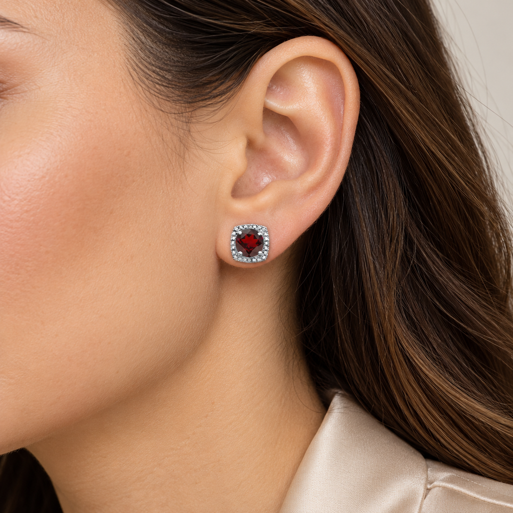 AZ23429 sterling silver gemstone and diamond stud earrings - close-up model, illustrative 8.1 mm scale