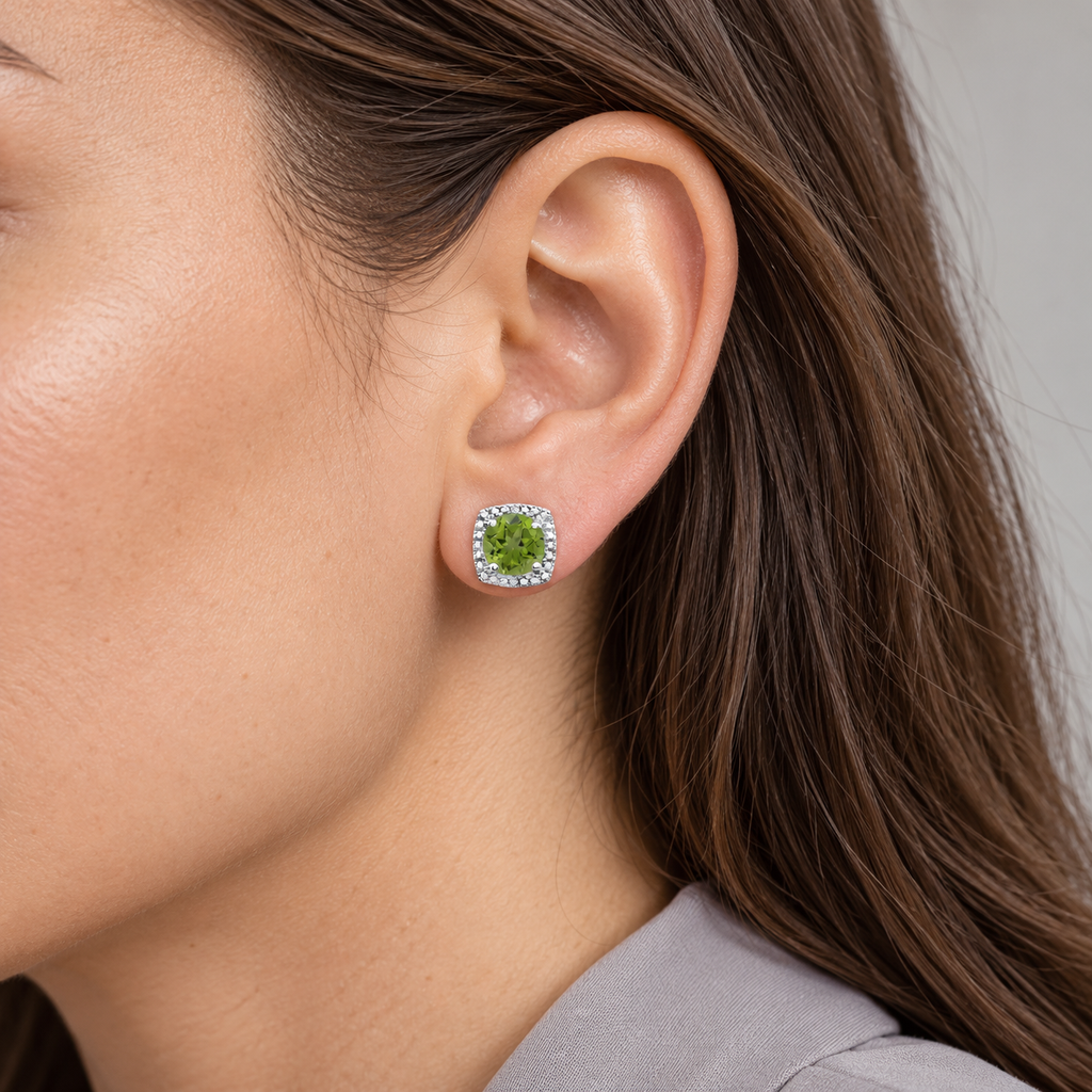 AZ23432 sterling silver gemstone and diamond stud earrings - close-up model, illustrative 8.1 mm scale