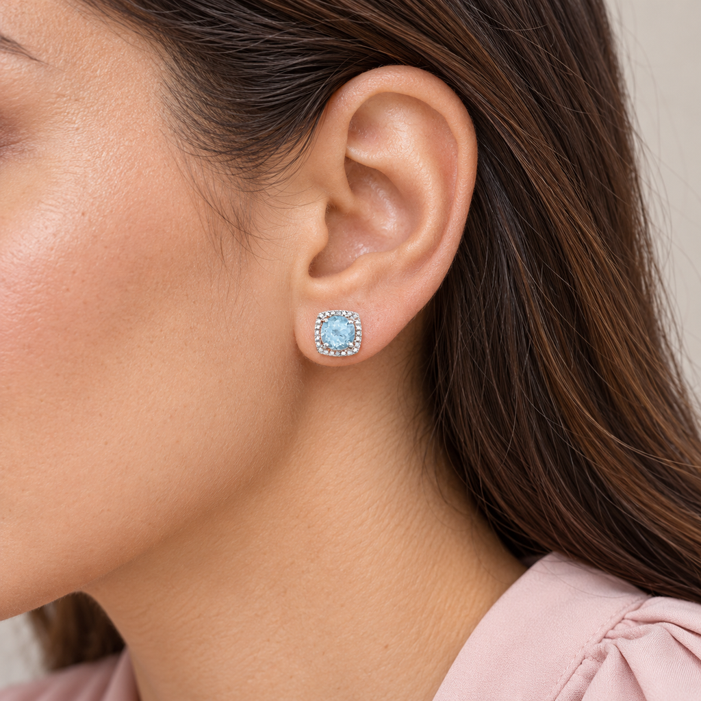 AZ23435 sterling silver gemstone and diamond stud earrings - close-up model, illustrative 8.1 mm scale
