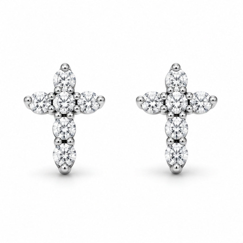 AZ27888 Round Diamond Cross Stud Earrings 14K White Gold - product front view