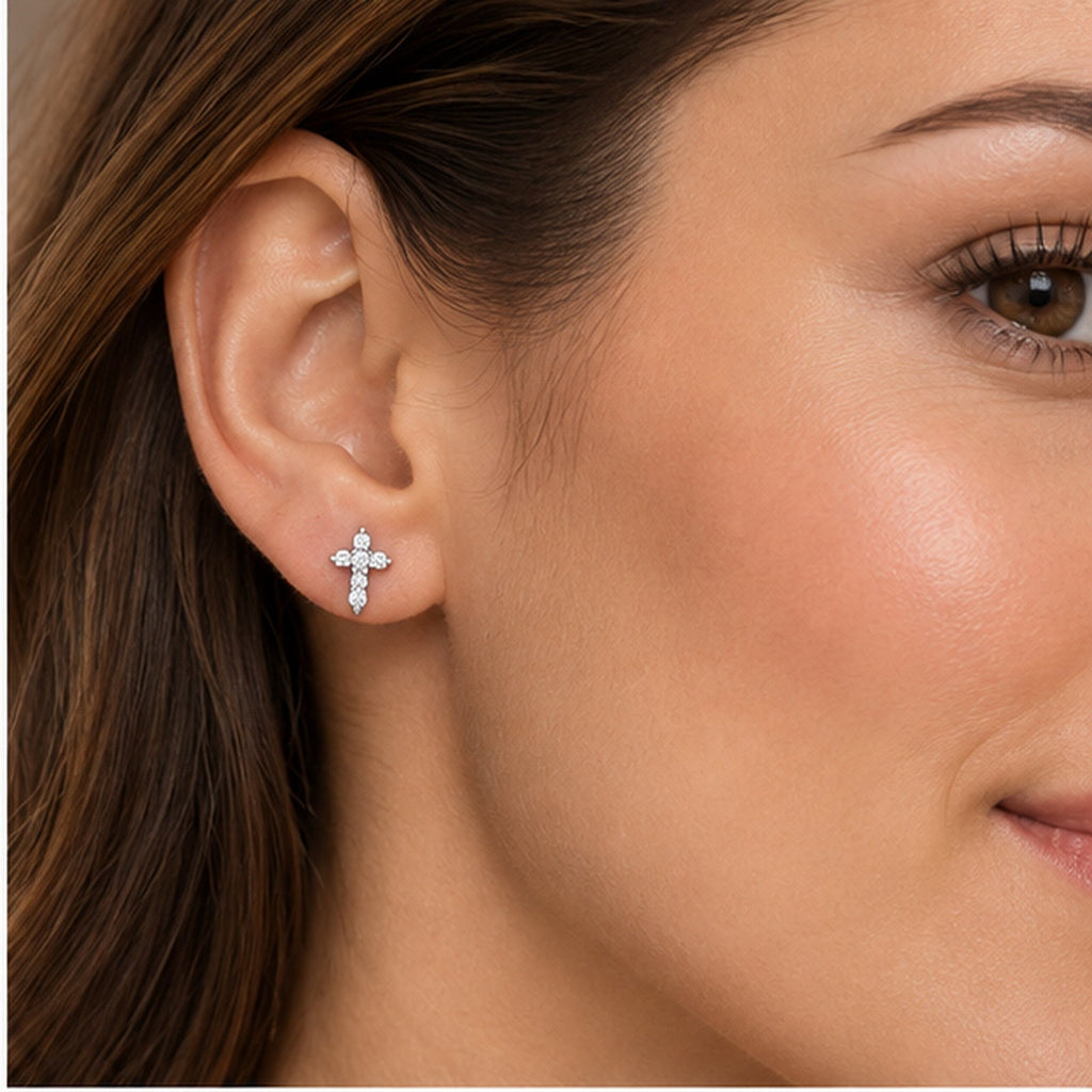 AZ27888 Round Diamond Cross Stud Earrings 14K White Gold - close-up model image