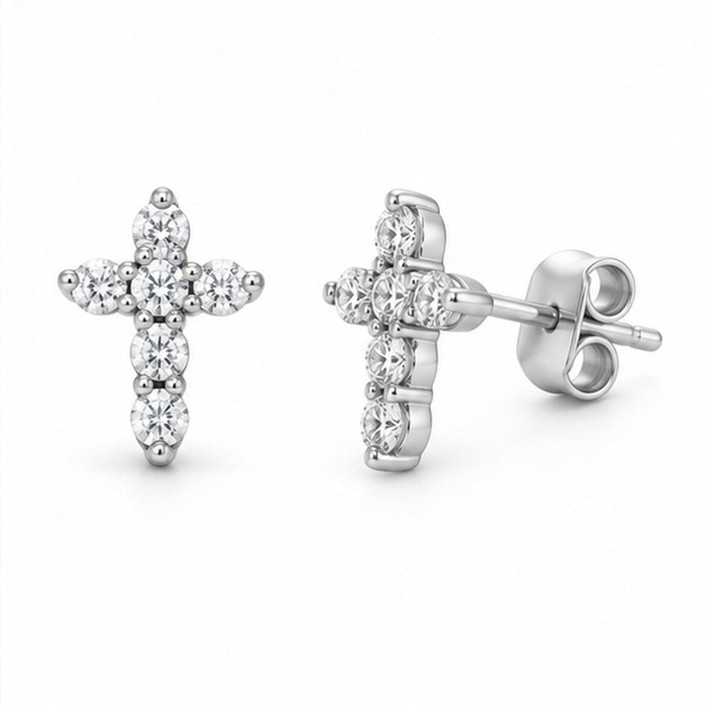 AZ27888 Round Diamond Cross Stud Earrings 14K White Gold - alternate side and back view