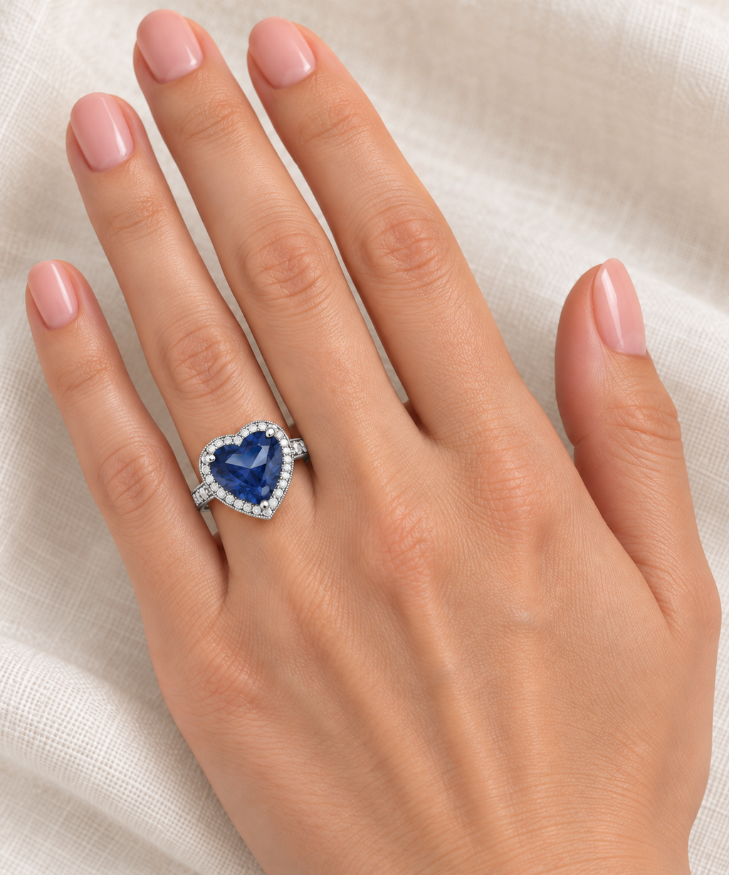 12x12mm heart-shaped lab blue sapphire and diamond halo ring in 14k white gold, 5.41ct — correctly scaled at base of left ring finger on ivory linen
