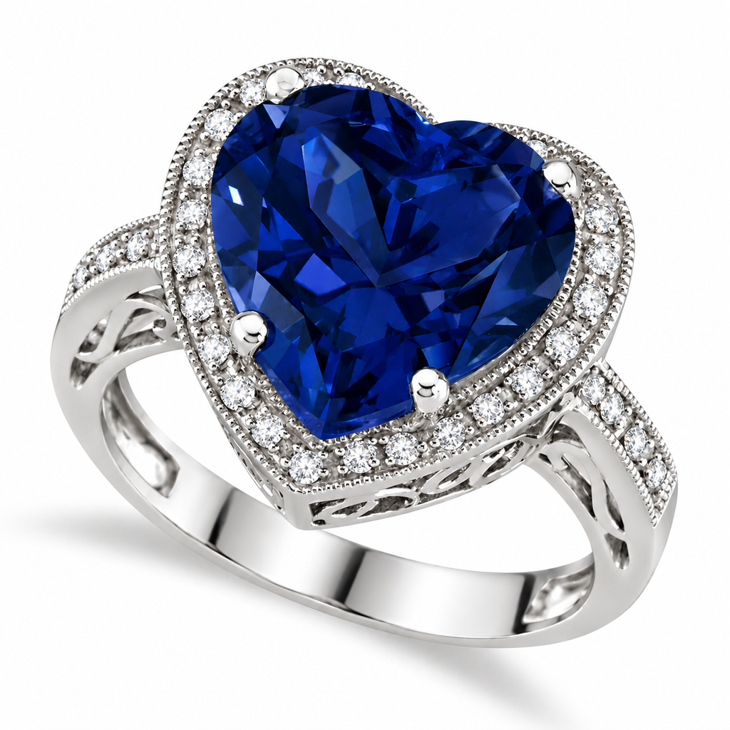 12x12mm heart-shaped lab blue sapphire and diamond halo ring in 14k white gold, 5.41ct — main product view on white