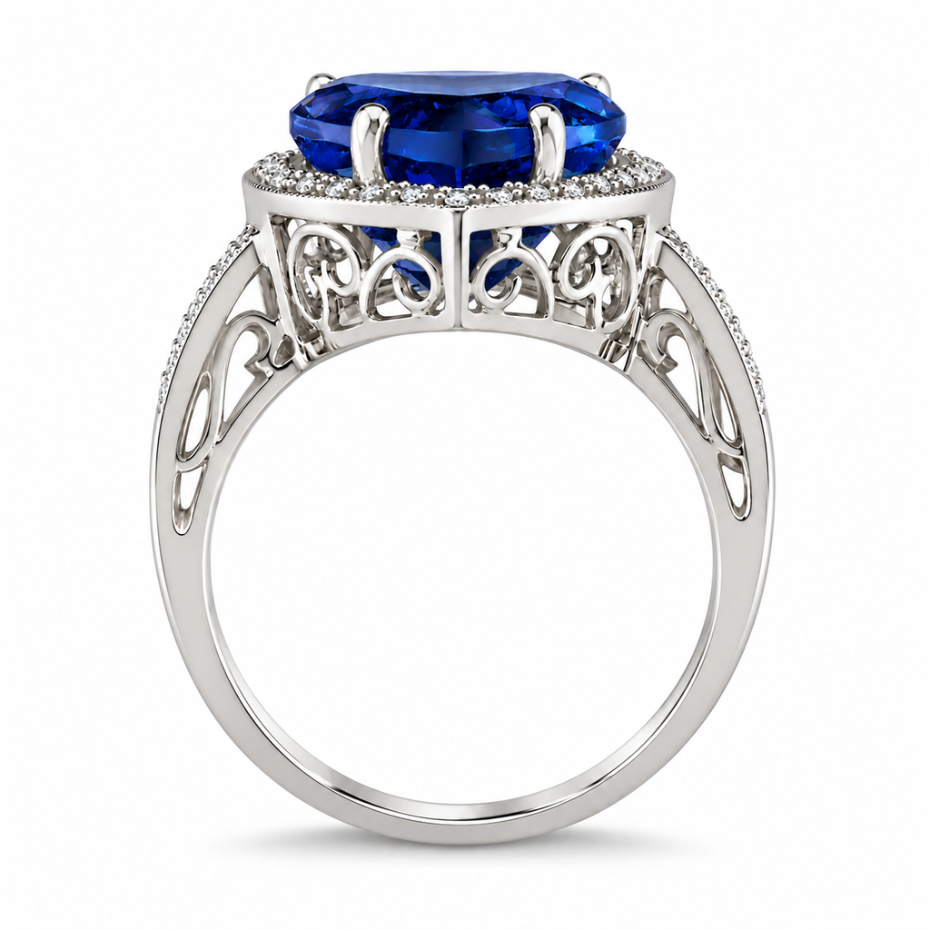 12x12mm heart-shaped lab blue sapphire and diamond halo ring in 14k white gold, 5.41ct — true upright side profile with circular shank and original scrollwork basket
