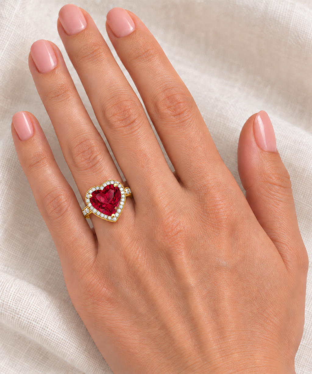 12x12mm heart-shaped lab ruby and diamond halo ring in 14k yellow gold, 5.41ct — correctly scaled at base of left ring finger on ivory linen