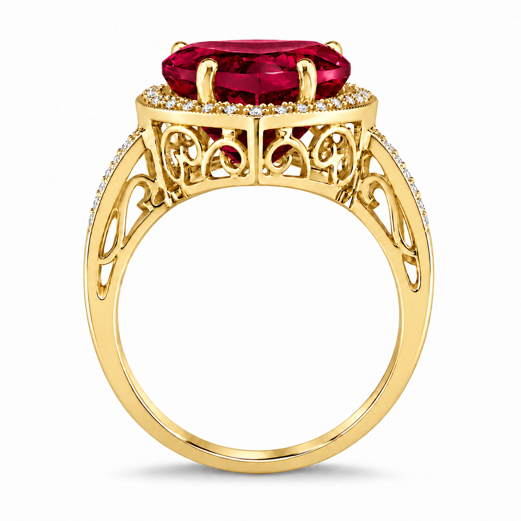 12x12mm heart-shaped lab ruby and diamond halo ring in 14k yellow gold, 5.41ct — true upright side profile with circular shank and original scrollwork basket