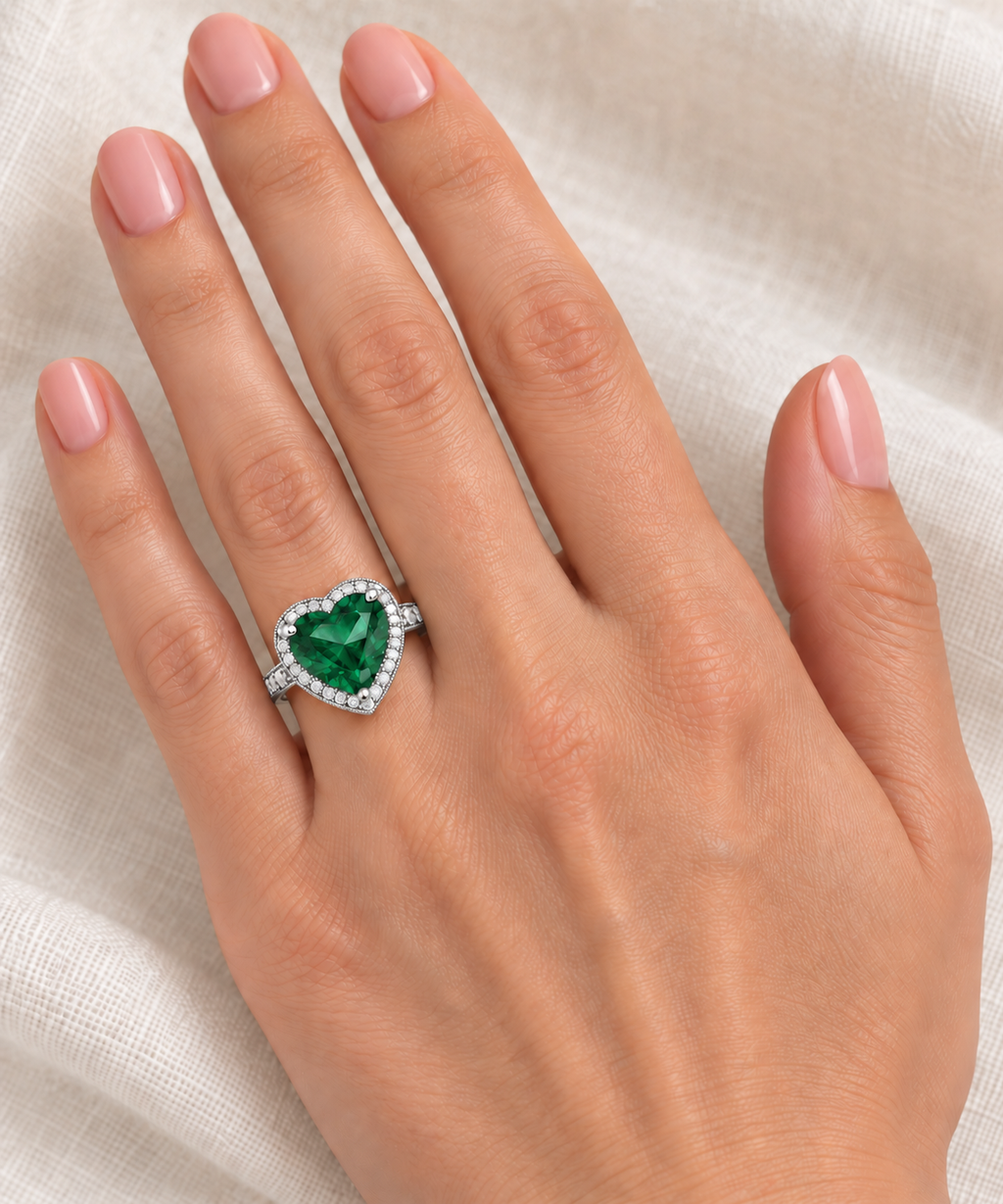 12x12mm heart-shaped lab emerald and diamond halo ring in 14k white gold, 5.41ct — correctly scaled at base of left ring finger on ivory linen