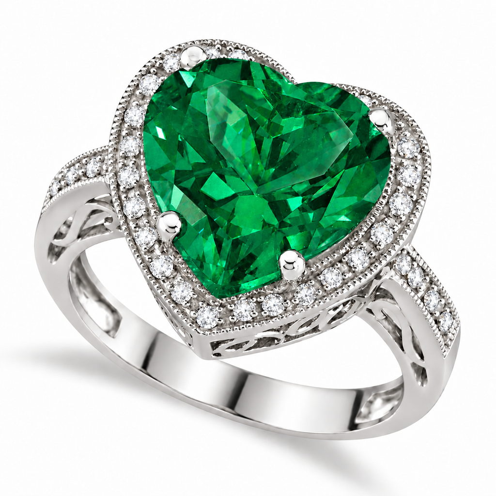 12x12mm heart-shaped lab emerald and diamond halo ring in 14k white gold, 5.41ct — main product view on white