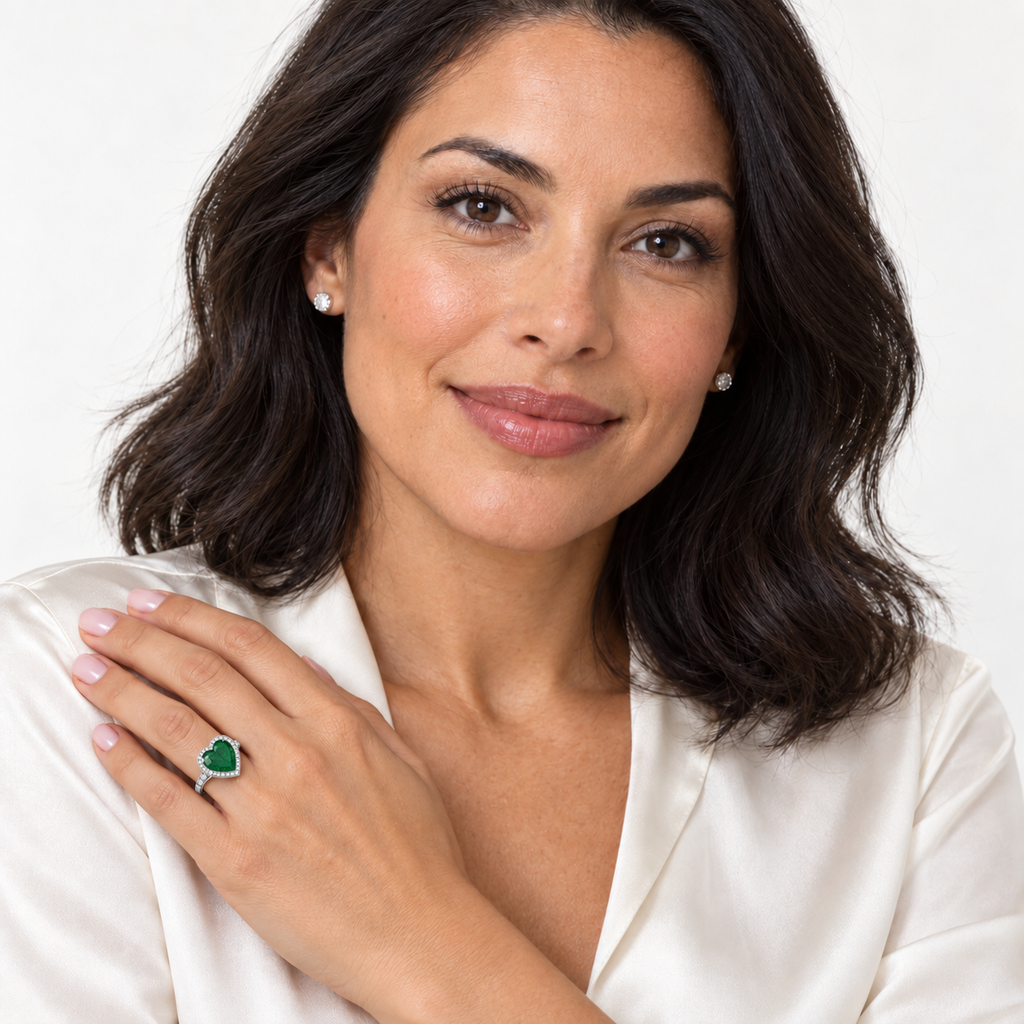 12x12mm heart-shaped lab emerald and diamond halo ring in 14k white gold, 5.41ct — left ring finger in professional near-white studio portrait