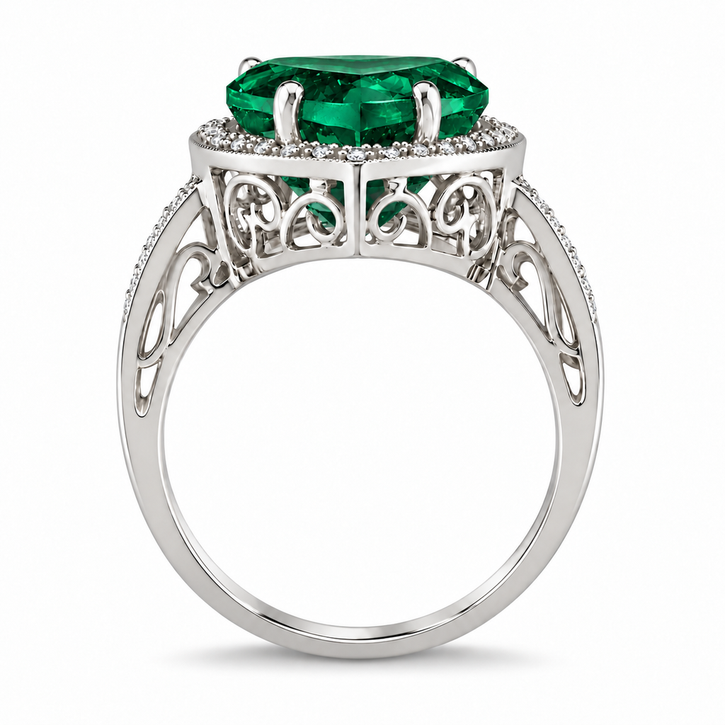 12x12mm heart-shaped lab emerald and diamond halo ring in 14k white gold, 5.41ct — true upright side profile with circular shank and original scrollwork basket