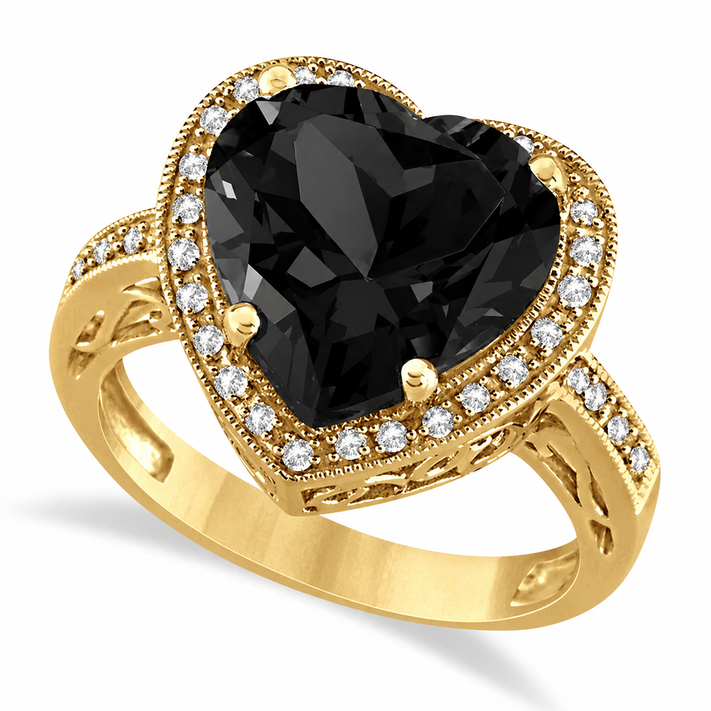 12x12mm heart-shaped lab black diamond and white diamond halo ring in 14k yellow gold, 5.41ct — main product view on white