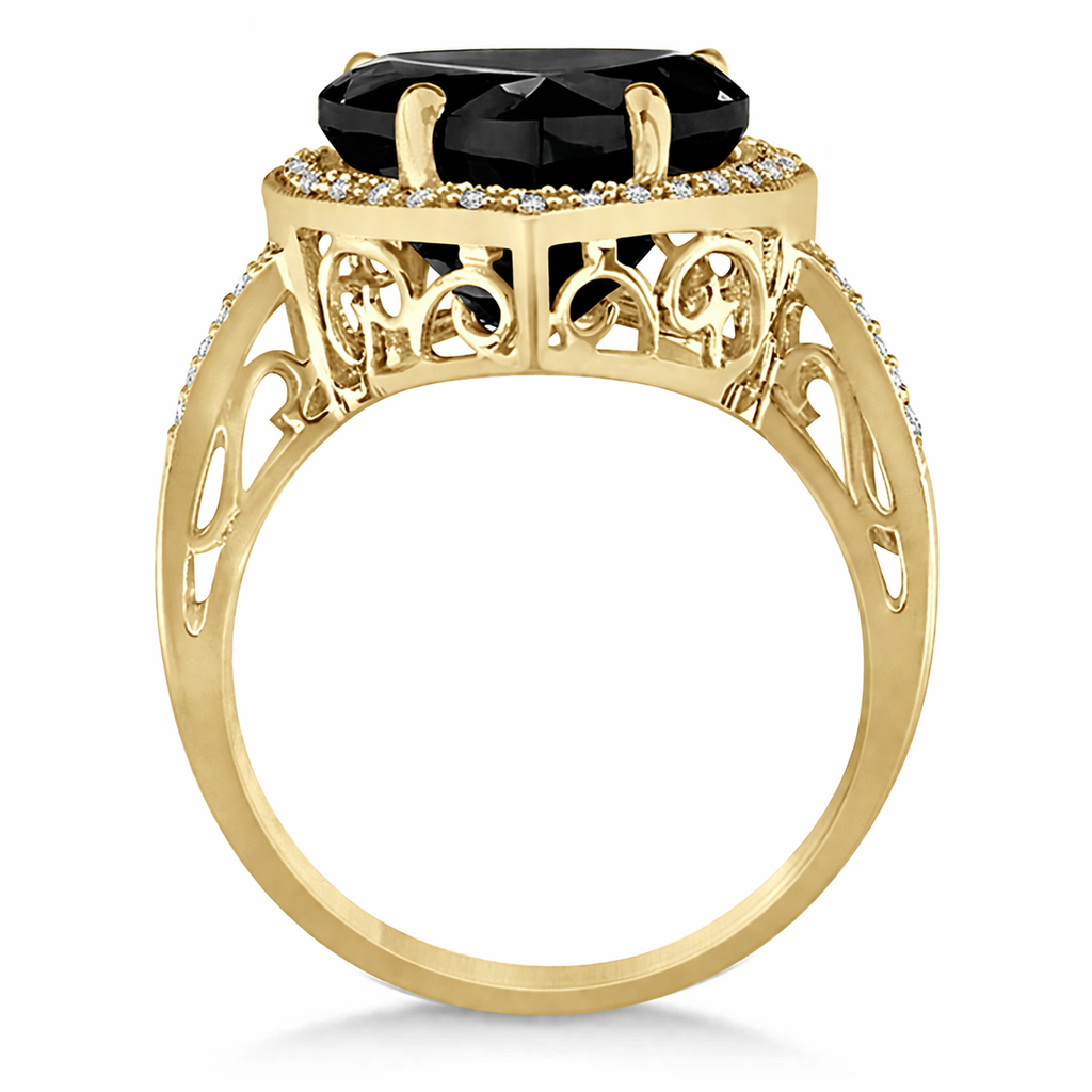 12x12mm heart-shaped lab black diamond and white diamond halo ring in 14k yellow gold, 5.41ct — true upright side profile with circular shank and original scrollwork basket