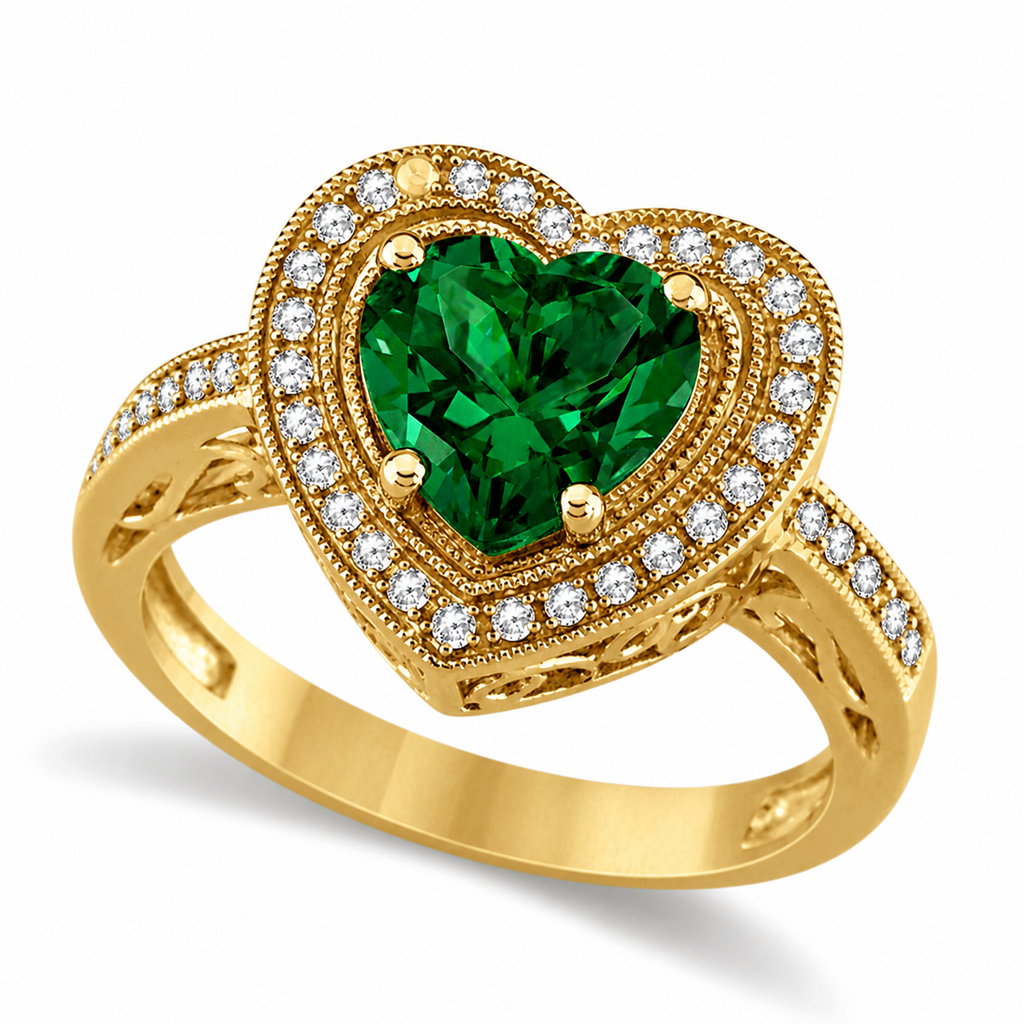 10x10mm heart-shaped lab emerald and white diamond halo ring in 14k yellow gold, 3.66ct — main product view on white