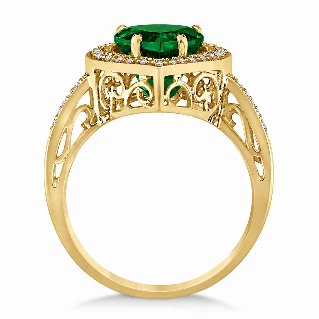 10x10mm heart-shaped lab emerald and white diamond halo ring in 14k yellow gold, 3.66ct — accurate product side on white with original scrollwork basket