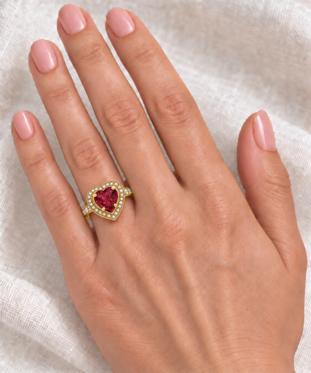 10x10mm heart-shaped lab ruby and white diamond halo ring in 14k yellow gold, 3.66ct — correctly scaled at base of left ring finger on ivory linen