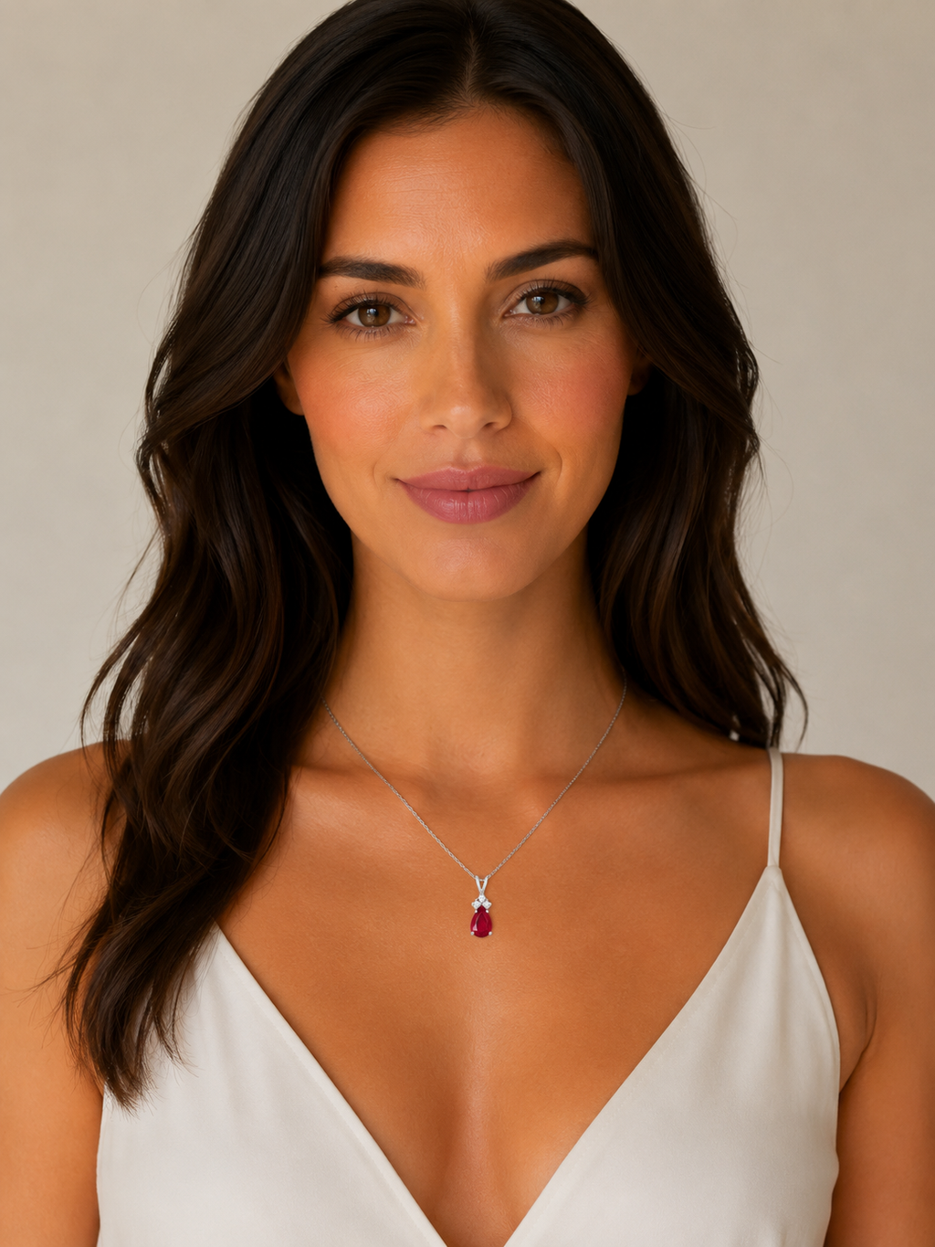 Pear Ruby & Diamond Solitaire Pendant Necklace 14k White Gold (1.05ct)
