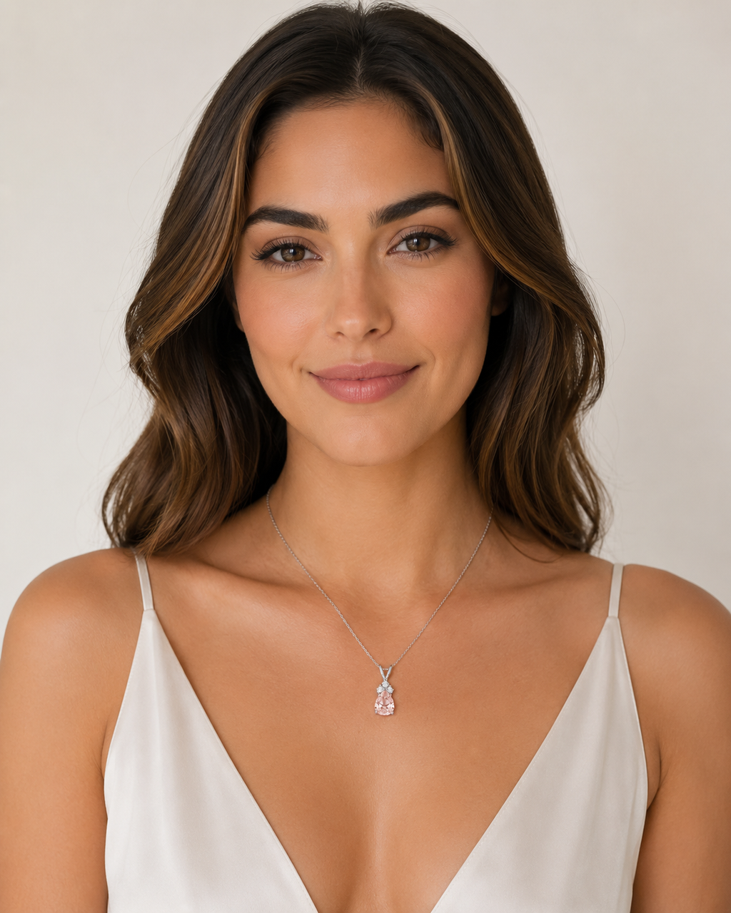 Pear Lab Morganite & Lab Diamond Solitaire Pendant 14k White Gold (1.05ct)