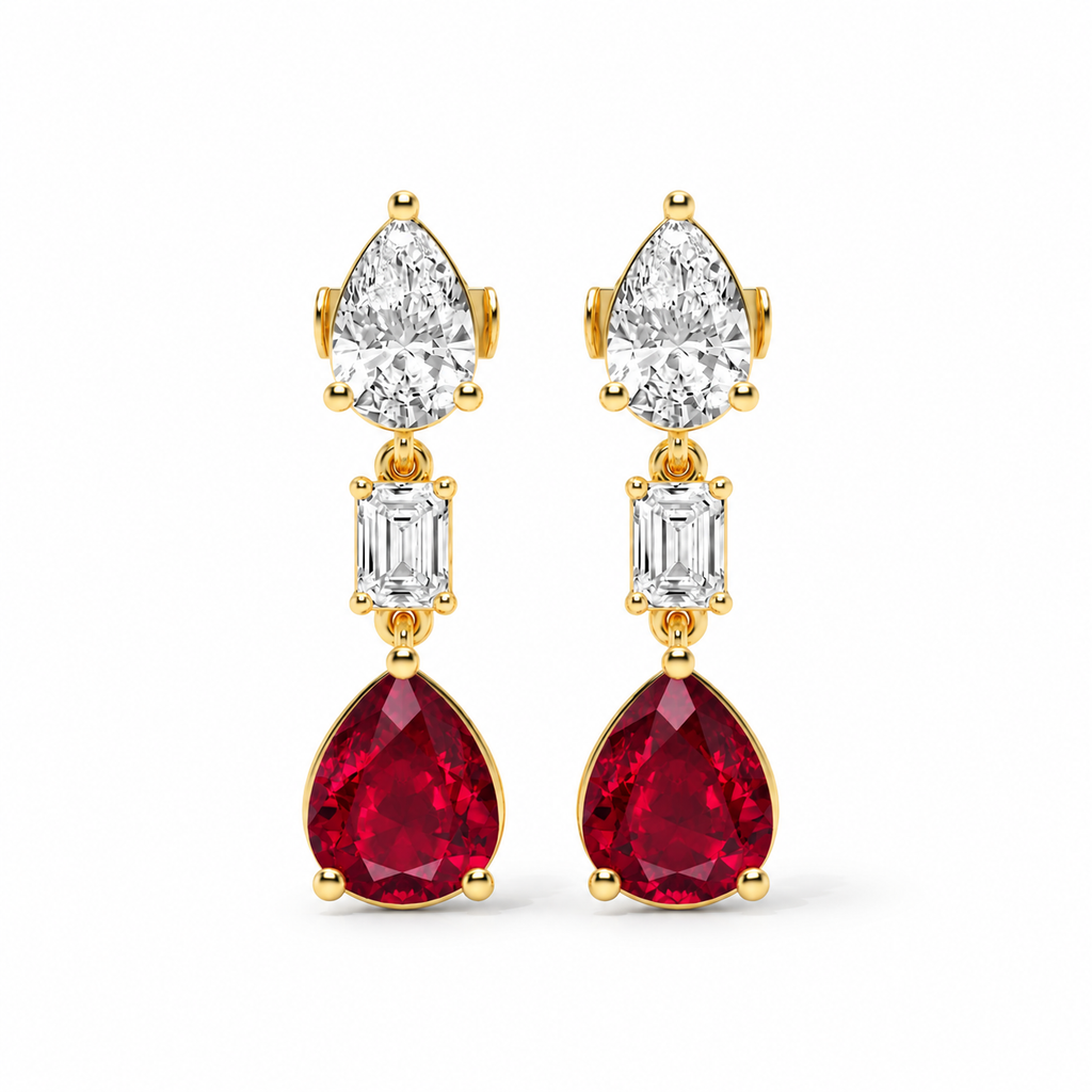 Pear Lab Grown Ruby & Diamond Drop Earrings 14k Yellow Gold (8.50ctw) — front view with soft shadow