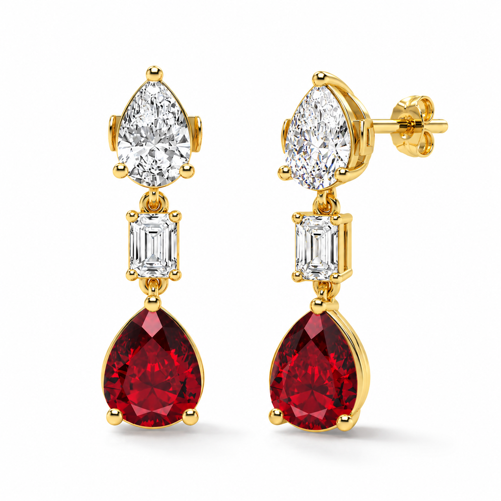 Pear Lab Grown Ruby & Diamond Drop Earrings 14k Yellow Gold (8.50ctw) — front and three-quarter side view with soft shadows
