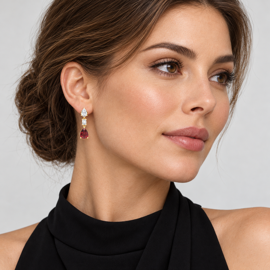 Pear Lab Grown Ruby & Diamond Drop Earrings 14k Yellow Gold (8.50ctw) — second model view, 1.20 inches long by 0.33 inches wide