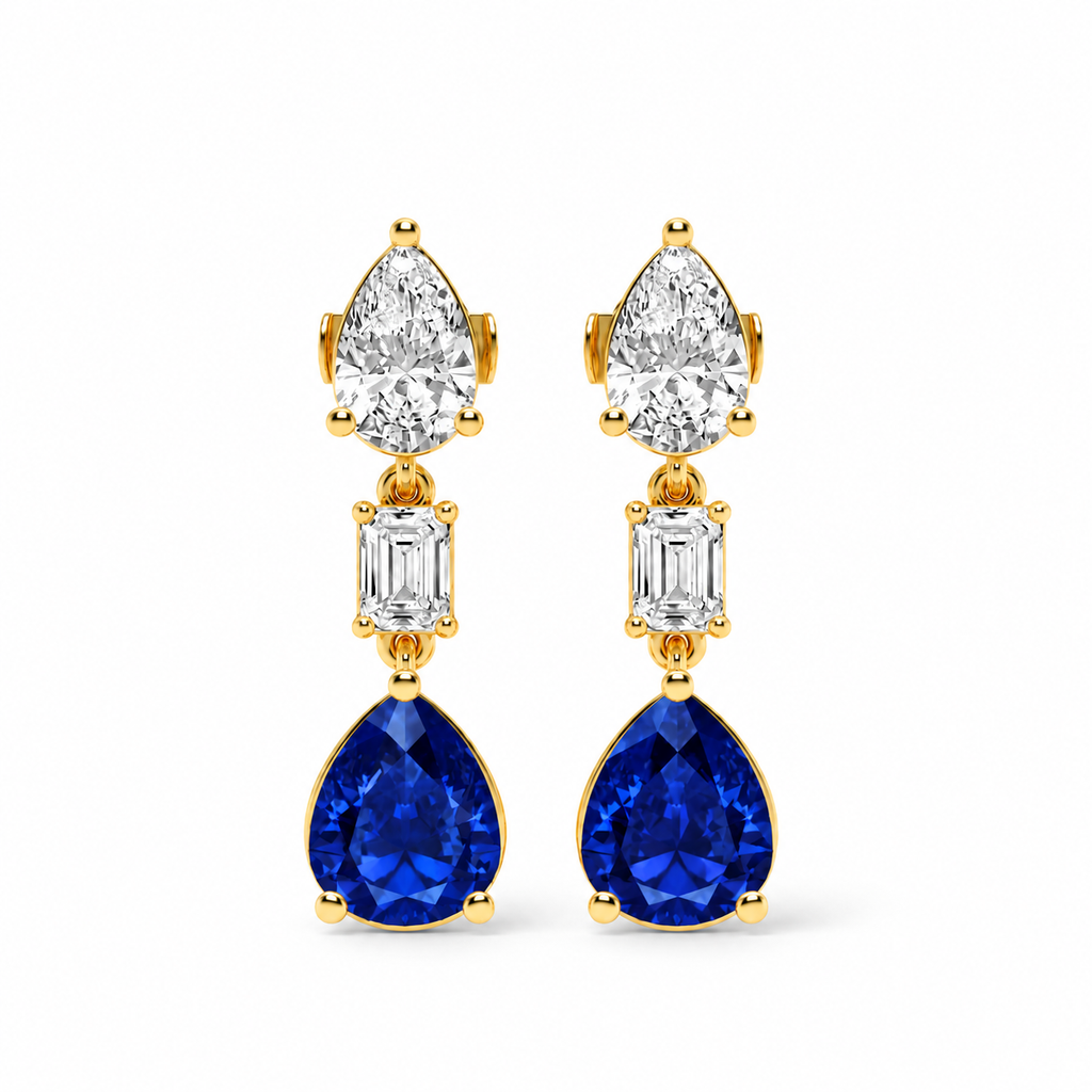 Pear Lab Grown Blue Sapphire & Diamond Drop Earrings 14k Yellow Gold (8.50ctw) — front view with soft shadow