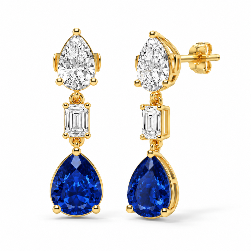 Pear Lab Grown Blue Sapphire & Diamond Drop Earrings 14k Yellow Gold (8.50ctw) — front and three-quarter side view with soft shadows