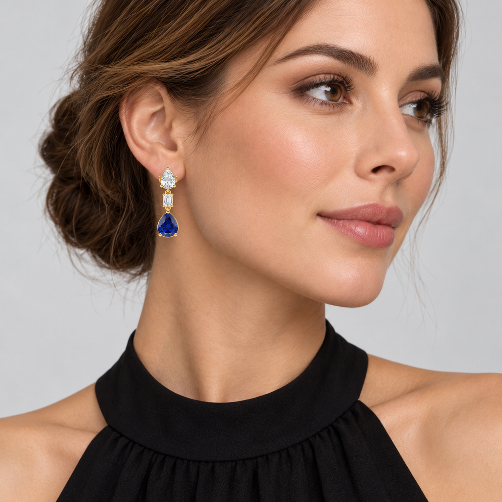 Pear Lab Grown Blue Sapphire & Diamond Drop Earrings 14k Yellow Gold (8.50ctw) — second model view, 1.20 inches long by 0.33 inches wide