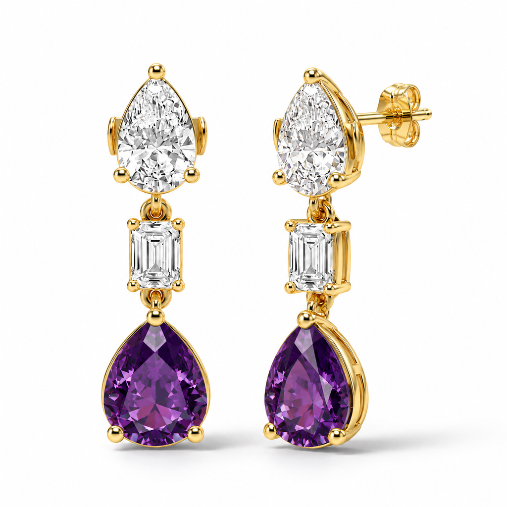 Pear Lab Grown Amethyst & Diamond Drop Earrings 14k Yellow Gold (6.60ctw) — front and three-quarter side view with soft shadows